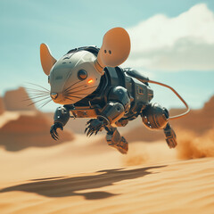 A robot mouse running through the desert. Furururistic Technologies. Illustration for banner, poster, cover, brochure or presentation design