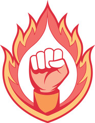  Flaming red fiery fist emblem. Clenched fist in burning fire badge or logo. Symbol strength, power vector illustration
