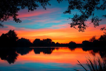 Fototapeta premium Serene sunset over calm reflective lake in countryside with soft warm light and peaceful atmosphere Generative AI