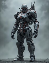 Advanced robotics: Cybernetic soldier standing guard in a dystopian future landscape