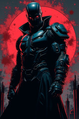 Futuristic hero in black armor stands confidently against a striking red background. The powerful presence with glowing red eyes and advanced technology suit exudes strength and mystery