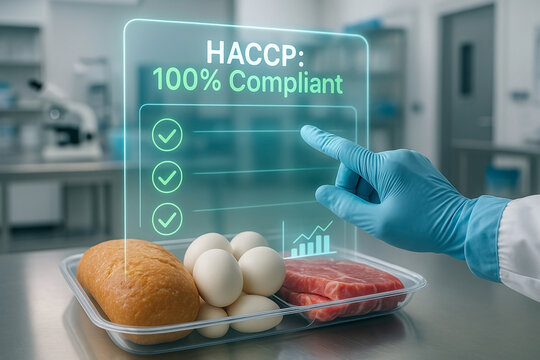 Food safety lab scene with gloved hand interacting with digital HACCP compliance screen showing checklist over tray of bread eggs and meat in clean environment..