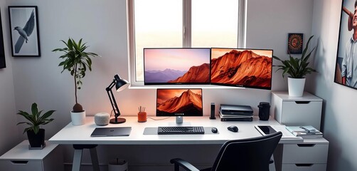 Minimalist modern remote work desk setup in hybrid office , minimalist, neutral