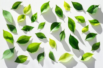 Green natural tree leaves on white wall background. Scattered leaves pattern