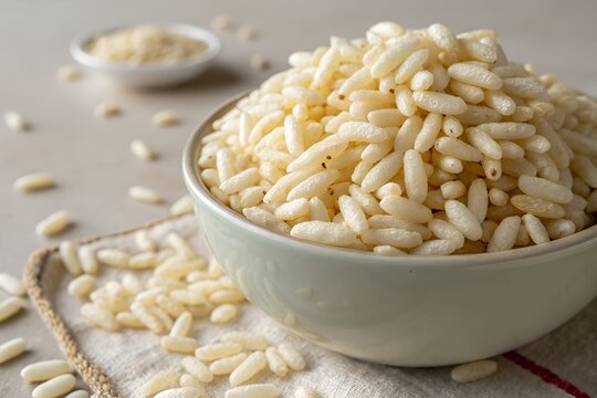 A handful of puffed rice (murmura) in a bowl, soft natural lighting, neutral background. - Powered by Adobe