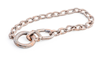 A long chain with a padlock, isolated on a white background, high-resolution photography.