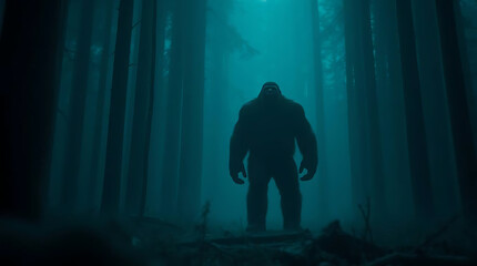 Big Foot encounter in the dark foggy forest, created by generative ai