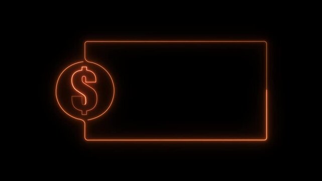 colorful glowing neon dollar icon animation. Square rectangle picture frame with one tone neon color motion graphic on isolated black a background.