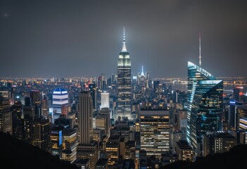 Obraz premium Bustling cityscape at night with illuminated skyscrapers glowing against dark sky and vibrant urban energy Generative AI