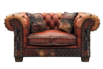 A rugged vintage Chesterfield sofa with distressed leather and metal accents showcasing a unique steampunk aesthetic on a black on transparent background