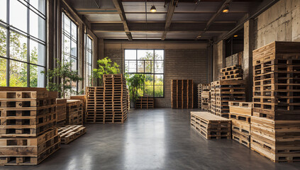Stacks of wooden pallets in a spacious warehouse with large windows, creating a warm and inviting atmosphere.