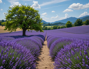 Lavender Field Path with Tree and Mountains Under Blue Sky