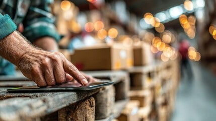 Worker uses a tablet in a warehouse with stacked pallets