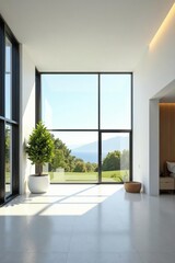 Fototapeta premium Minimalist single story building layout with large windows and natural light, natural light, architecture