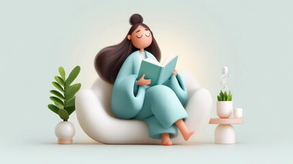 Animated woman in a serene setting, reading a book comfortably on a modern chair, surrounded by plants and minimalistic decor.