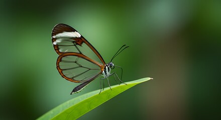 Obraz premium Glasswing Butterfly on Green Leaf Macro Photography