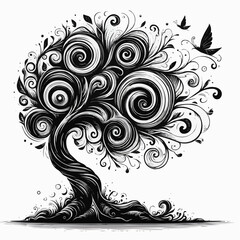 Fototapeta premium Artistic swirling tree with birds in black and white design 