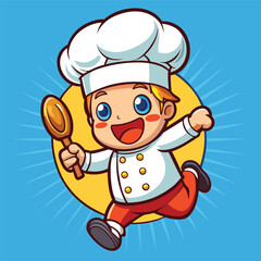 Happy chef cartoon character running with a ladle