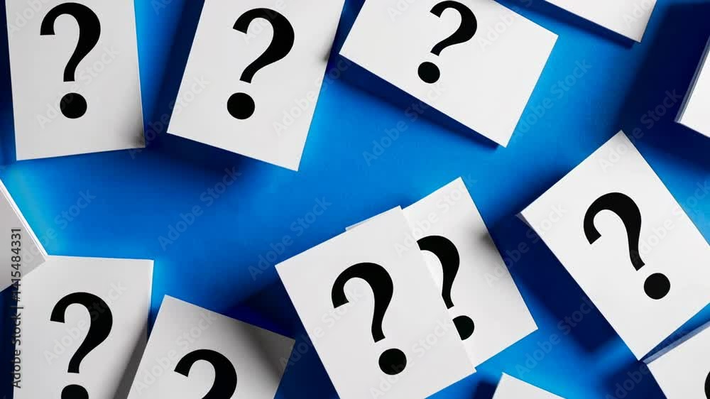 Poster Multiple white papers with black question marks lie scattered across a vibrant blue surface, creating a visual representation of uncertainty, inquiry, and the search for answers