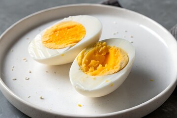 A boiled egg sliced in half on a minimalist plate, grey backdrop