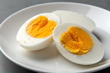 A boiled egg sliced in half on a minimalist plate, grey backdrop