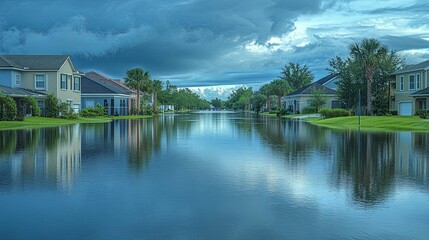Obraz premium Suburban street flooded with stormwater after a heavy rain.