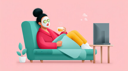 Illustration of a woman relaxing on a sofa with a face mask, holding a cup, and watching TV in a cozy room.