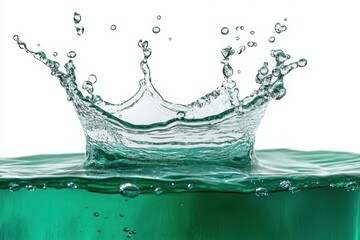 Clear blue liquid splashing with motion and bubbles isolated on white shows fresh, clean water