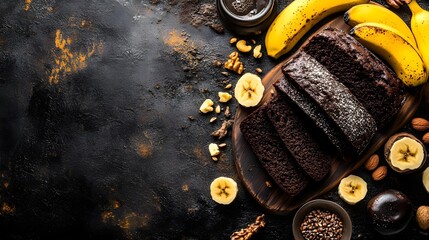 Decadent chocolate banana bread slices cozy kitchen food photography rustic setting top-down perspective