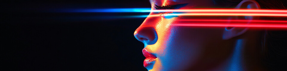 Close-up profile of a young woman's face, illuminated by vibrant red and blue light streaks.  A futuristic, stylized portrait.