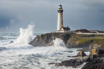 Obraz premium The image depicts a lighthouse standing on a rocky cliff with large waves crashing against it, creating a dramatic and powerful scene