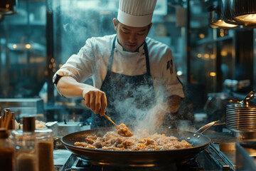 Chef cooking food in a fryer at a bustling restaurant kitchen.