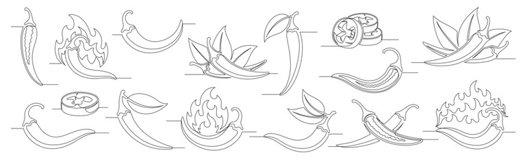 Chili pepper continuous one line drawing set. Outline chili pepper vegetable icon collections isolated on a white background. Editable stroke. Vector illustration