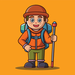 a cartoon vector of a young boy who is prepare to hiking or traveling in a mountain or a jungle