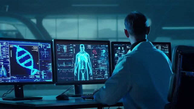 Doctor working at futuristic office, multiple monitors displaying medical images, data and body scans.