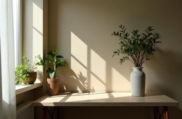 two potted plants on wooden table against white wall