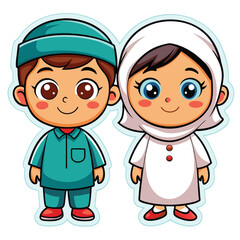 Cute cartoon boy and girl in traditional attire