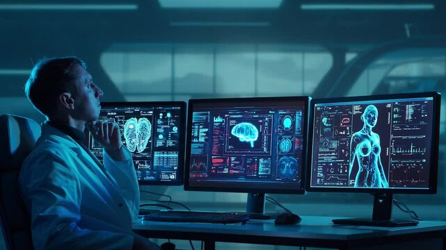 Doctor working at futuristic office, multiple monitors displaying medical images, data and body scans.