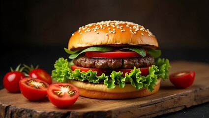 A juicy, mouthwatering burger, perfectly stacked with a sesame seed bun, fresh lettuce, ripe tomatoes, and a savory patty, rests on a rustic wooden board accompanied by vibrant cherry tomatoes.
