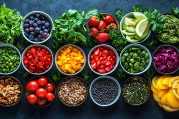 Bowls filled with colorful fruits and vegetables.