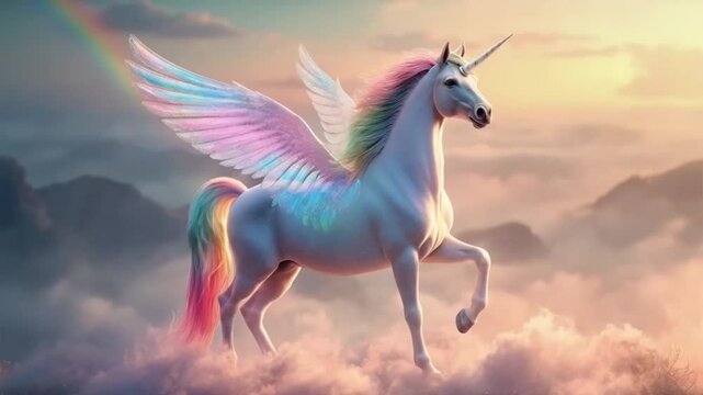 A rainbow-winged unicorn flies in the sky. Smooth repeating motion for background video animation