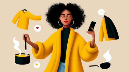 Illustration of a woman multitasking: cooking while checking her phone, with other items like clothes floating around her.