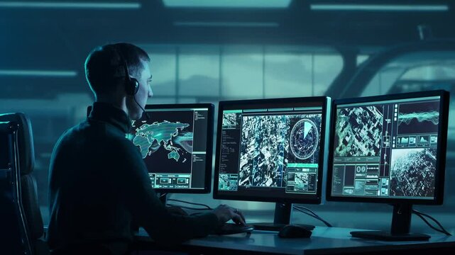 Military soldier operating advanced technology in a command center.