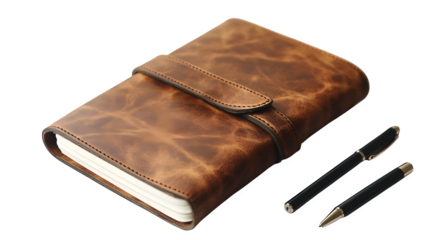 Minimalist planner cover with strap and pen loop, clean cutout 