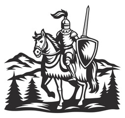 Fototapeta premium Medieval knight charging on horseback, wielding raised sword, silhouetted against castle, rocky cliff in black and white sketch. Classic design for chivalry, warfare, game, tattoo, or print project.