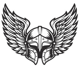 Monochrome medieval knight helmet with large wings. Courage, honor, and chivalrous spirit of warrior from Middle Ages, suitable for fantasy and historical design themes.