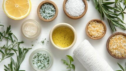 Natural skincare ingredients arranged for a spa-like display.