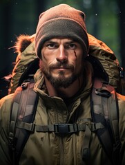 Fototapeta premium A man with a beard and a beanie wearing a backpack in a forest looking at the viewer with a serious face
