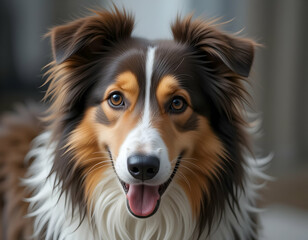 Smiling Dog Portrait with Brown, White and Tan Fur