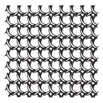Seamless pattern of interlocking metal rings forming chainmail fabric, reminiscent of medieval armor, protective gear, textured, repetitive design.